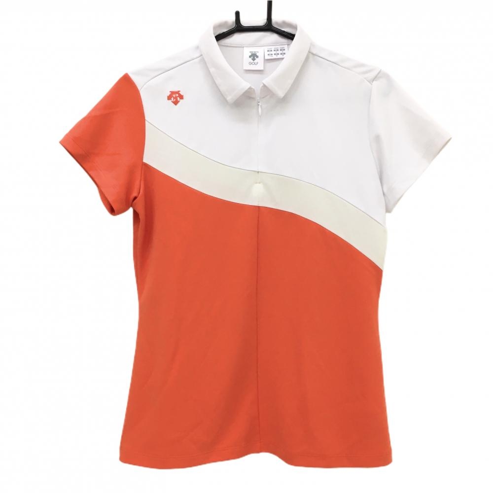 【超美品】デサントゴルフ 半袖ポロシャツ オレンジ系×白 ハーフジップ 3トーンカラー 中田英寿 レディース L ゴルフウェア DESCENTE
