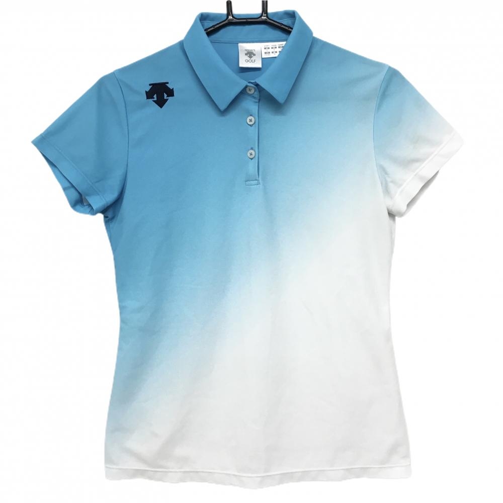 デサントゴルフ 半袖ポロシャツ ライトブルー×白 グラデーション ロゴ刺しゅう 中田英寿 レディース L ゴルフウェア DESCENTE