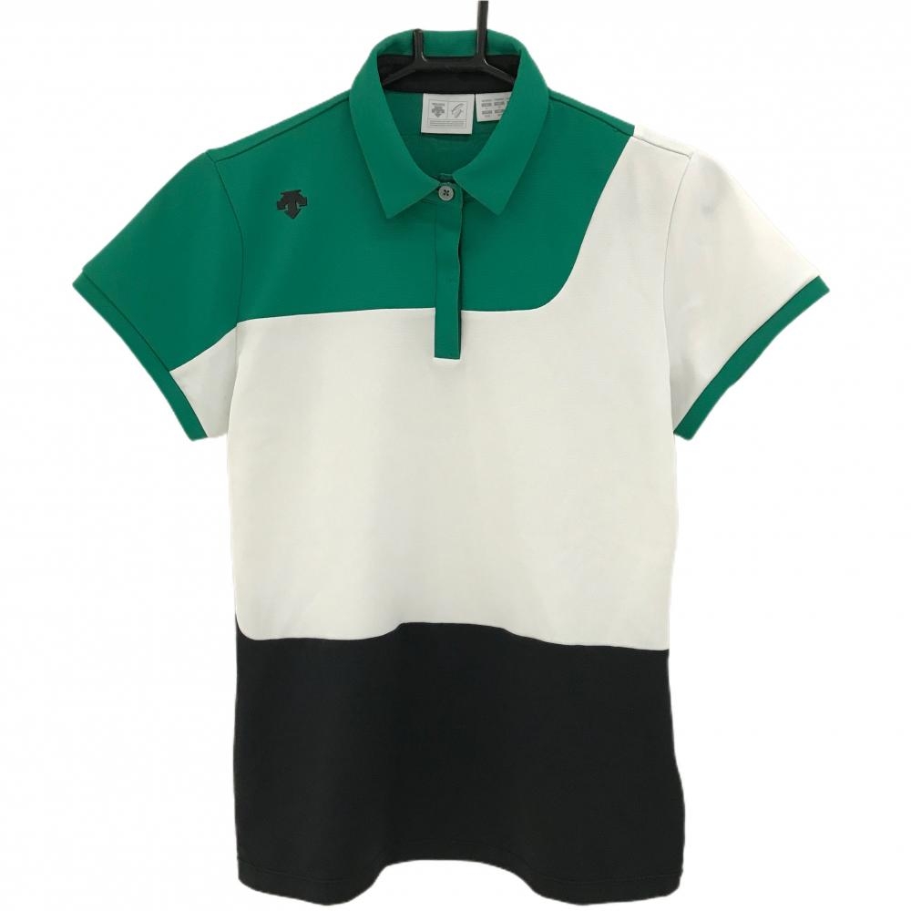 【美品】デサントゴルフ 半袖ポロシャツ グリーン×白×黒 3トーンカラー 中田英寿 レディース L ゴルフウェア DESCENTE