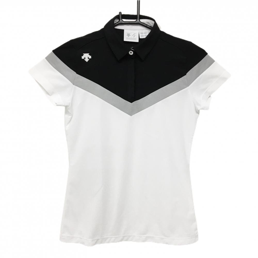 【美品】デサントゴルフ 半袖ポロシャツ 白×黒×グレー 肩付近ロゴ 中田英寿 レディース S ゴルフウェア DESCENTE