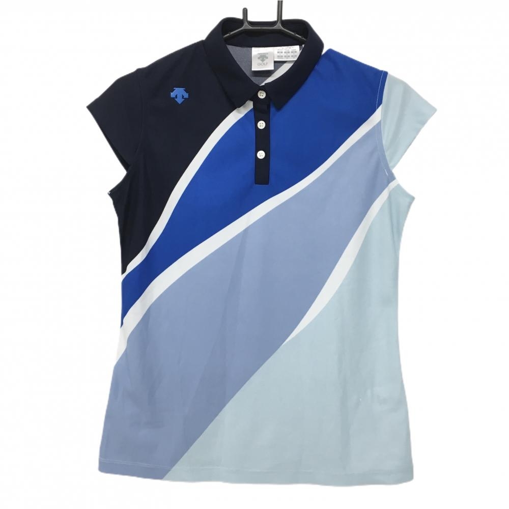 【超美品】デサントゴルフ 半袖ポロシャツ ネイビー×ブルー×白 斜めストライプ風 中田英寿 レディース L ゴルフウェア DESCENTE