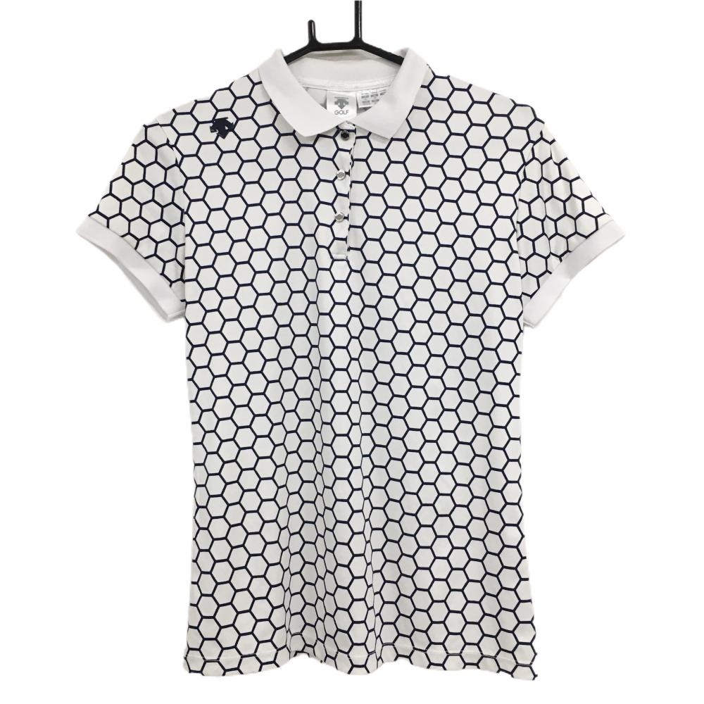 デサントゴルフ 半袖ポロシャツ 白×ネイビー ヘキサゴン柄 中田英寿  レディース M ゴルフウェア DESCENTE