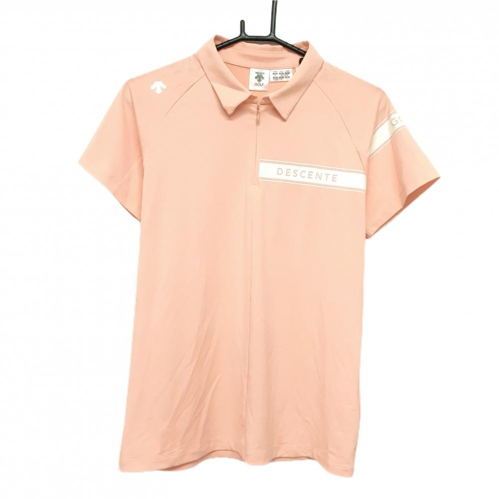 【美品】デサントゴルフ 半袖ポロシャツ ライトオレンジ×白 ハーフジップ 中田英寿 レディース O(XL) ゴルフウェア DESCENTE