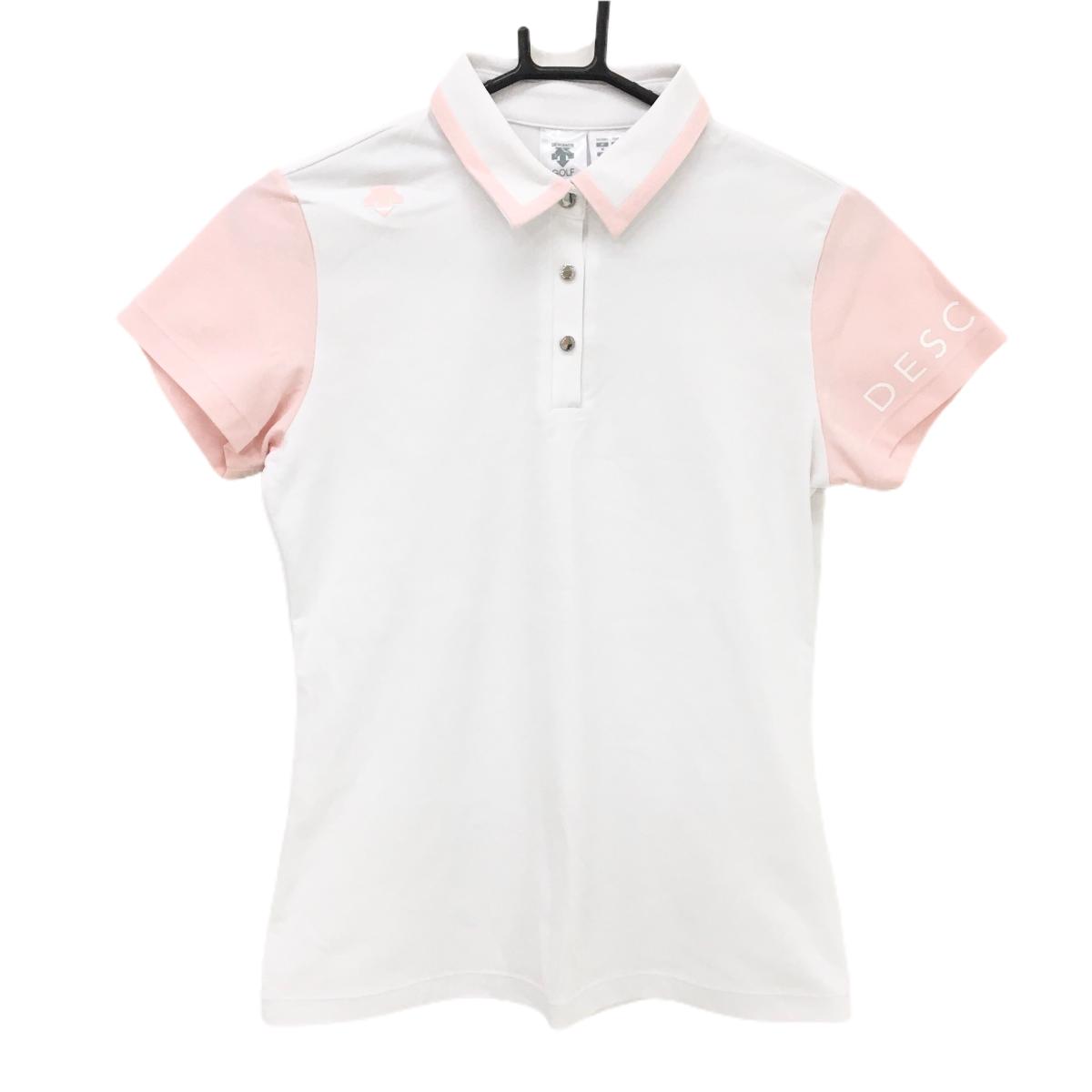 【美品】デサントゴルフ 半袖ポロシャツ 白×ピンク 肩ロゴ スナップボタン 中田英寿  レディース M ゴルフウェア DESCENTE