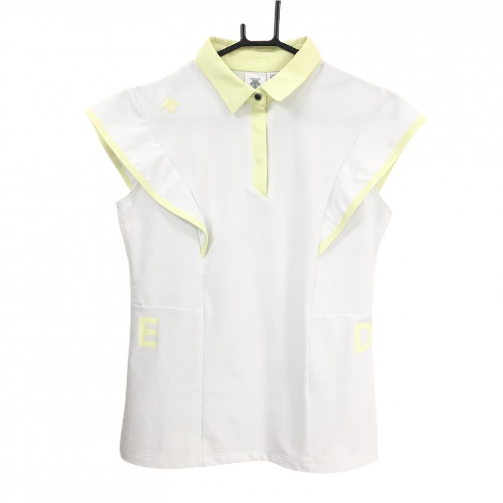 デサントゴルフ 半袖ポロシャツ 白×ライトイエロー系 スナップボタン 中田英寿 レディース M ゴルフウェア DESCENTE