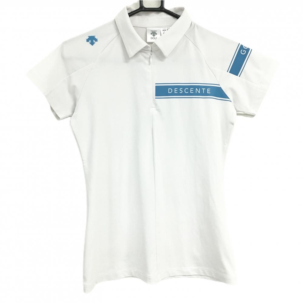 【超美品】デサントゴルフ 半袖ポロシャツ 白×ライトブルー ハーフジップ 中田英寿 レディース S ゴルフウェア DESCENTE