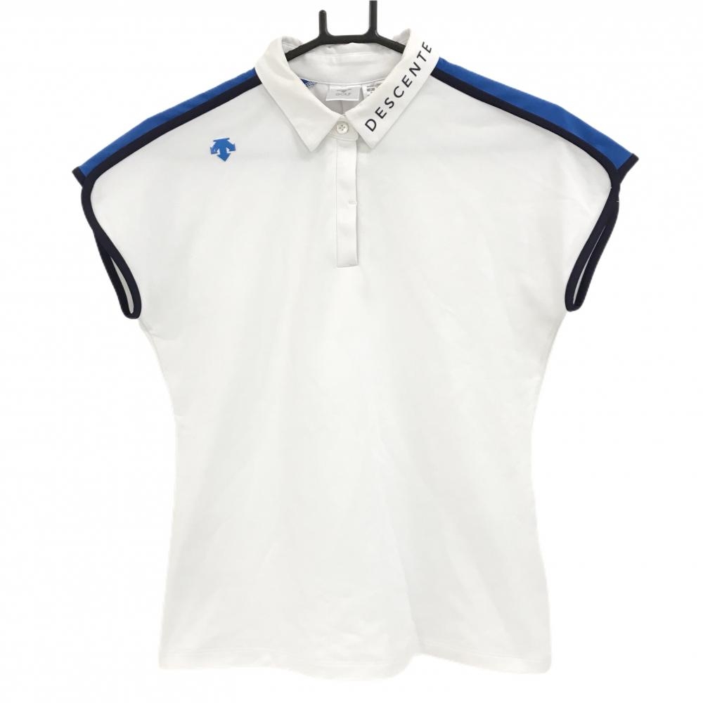 デサントゴルフ 半袖ポロシャツ 白×ネイビー パイピング 肩ロゴ フレンチスリーブ 中田英寿 レディース M ゴルフウェア DESCENTE