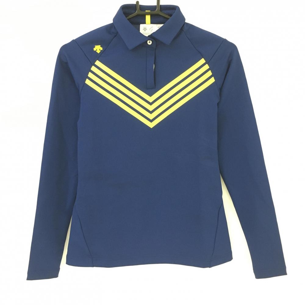 デサントゴルフ 長袖ポロシャツ  ネイビー×イエロー 胸ラインプリント 中田英寿 レディース S ゴルフウェア DESCENTE