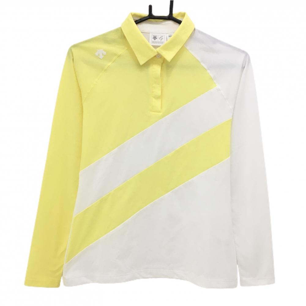 【美品】デサントゴルフ 長袖ポロシャツ イエロー×白 肩ロゴ 中田英寿  レディース S ゴルフウェア DESCENTE