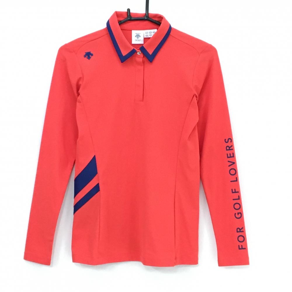 【美品】デサントゴルフ 長袖ポロシャツ レッド系×ネイビー スナップボタン 袖ロゴ 中田英寿 レディース M ゴルフウェア DESCENTE
