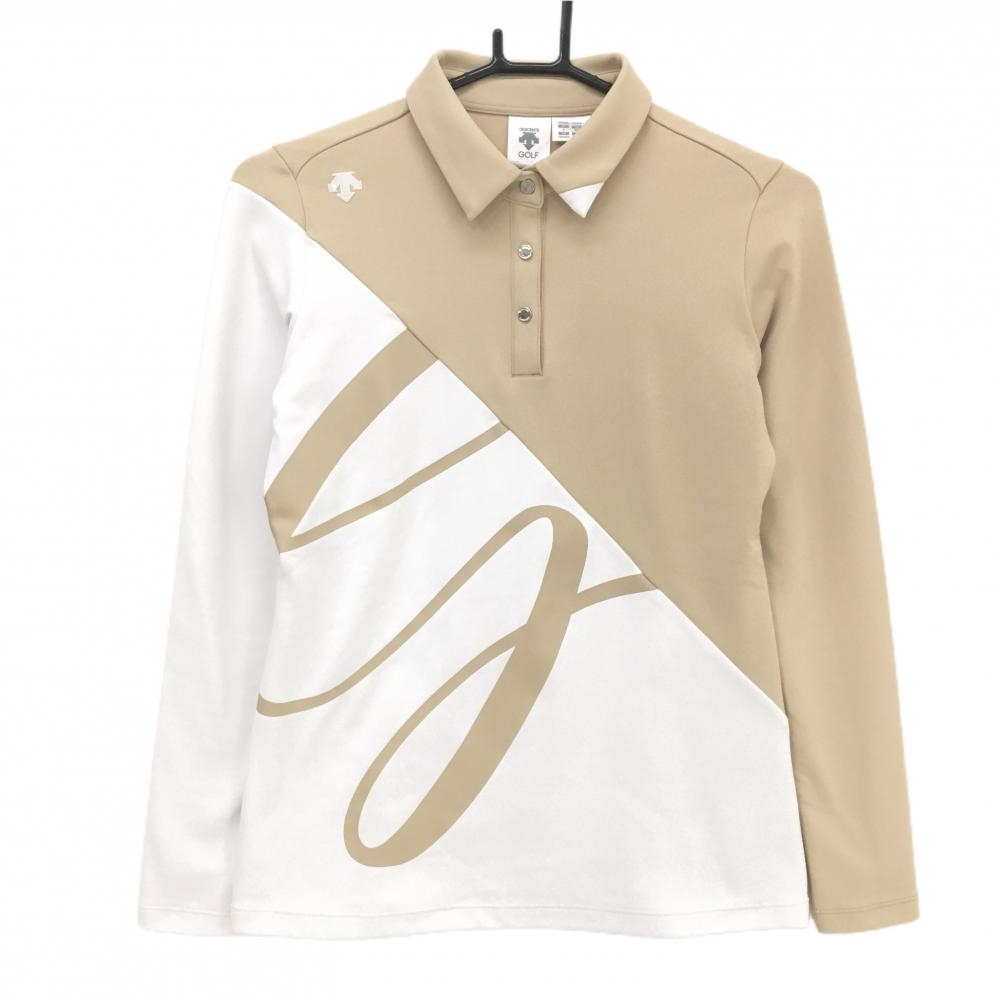 デサントゴルフ 長袖ポロシャツ ベージュ×白 バイカラー 一部柄 中田英寿 襟・袖口毛羽立ち、 レディース S ゴルフウェア DESCENTE