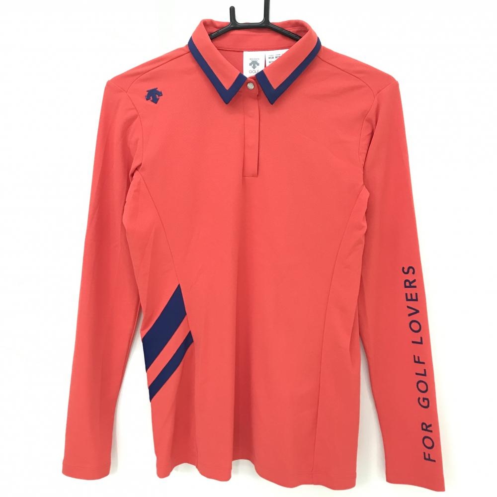 デサントゴルフ 長袖ポロシャツ レッド×ネイビー スナップボタン 中田英寿  レディース L ゴルフウェア DESCENTE