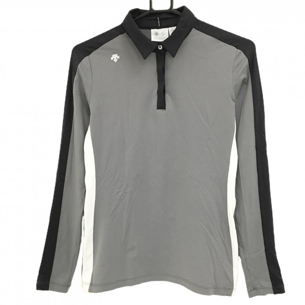 【美品】デサントゴルフ 長袖ポロシャツ グレー×黒 肩ロゴ ストレッチ サイド2ライン 中田英寿 レディース M ゴルフウェア DESCENTE