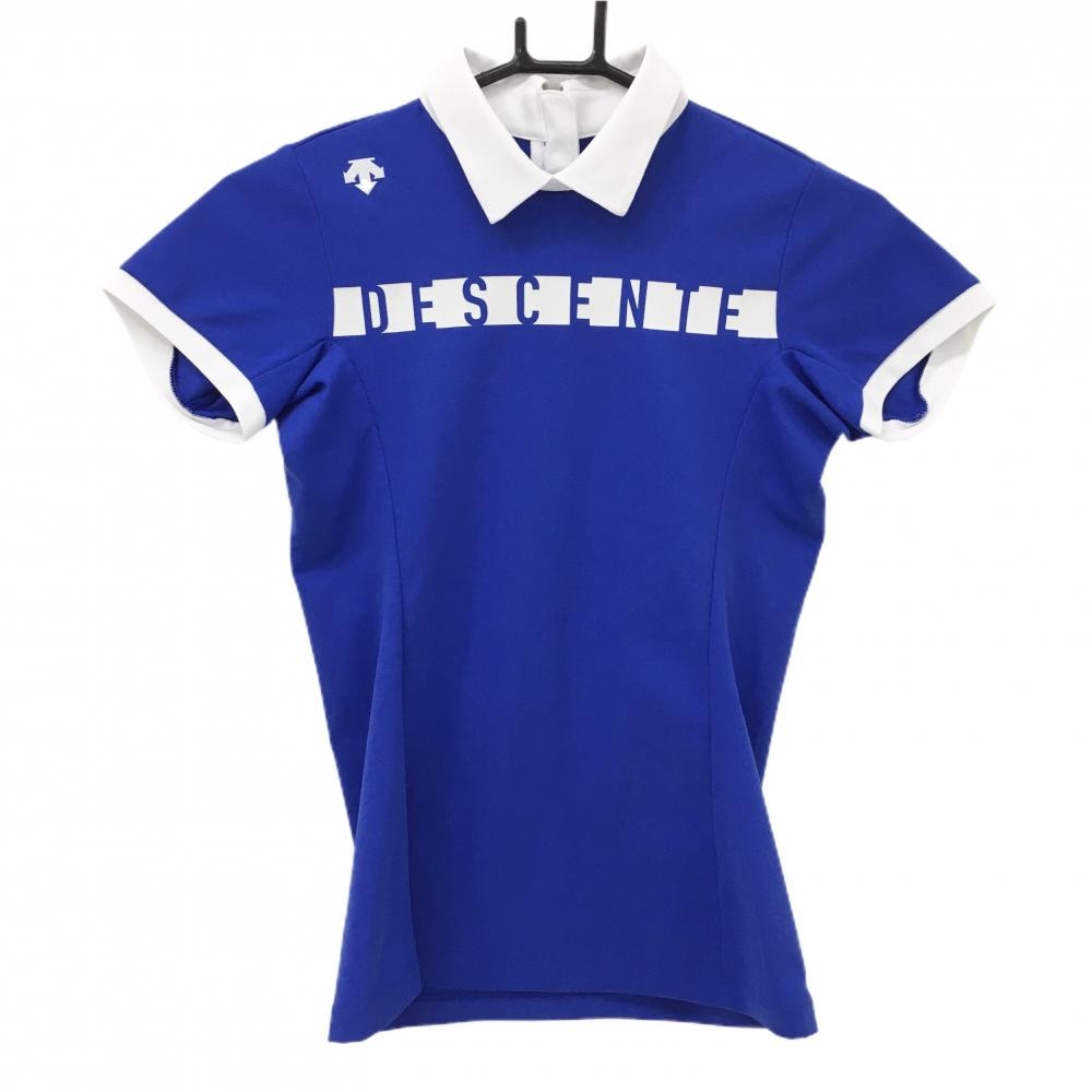 【美品】デサントゴルフ 襟付半袖シャツ ブルー×白 フロントロゴ 中田英寿 レディース S ゴルフウェア DESCENTE