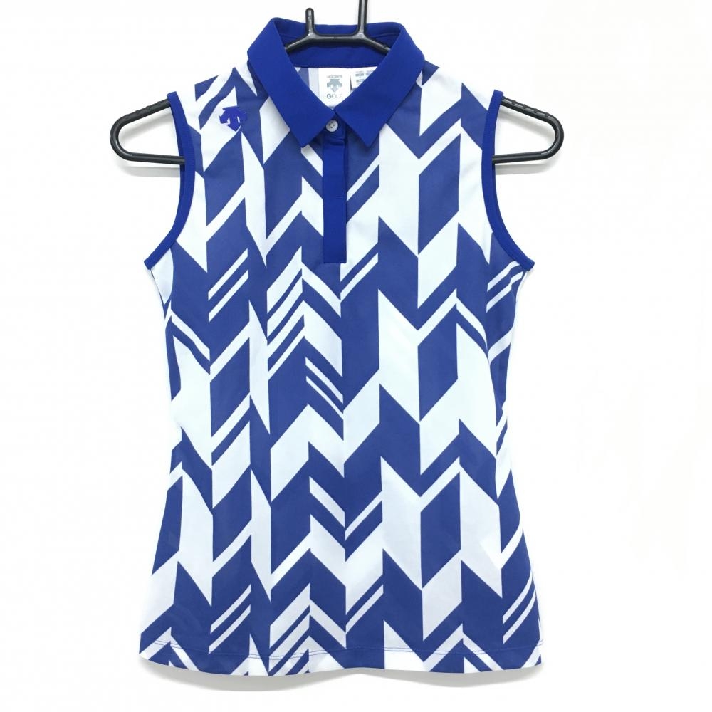 【超美品】デサントゴルフ ノースリーブポロシャツ ブルー×白 総柄 中田英寿 レディース S ゴルフウェア DESCENTE