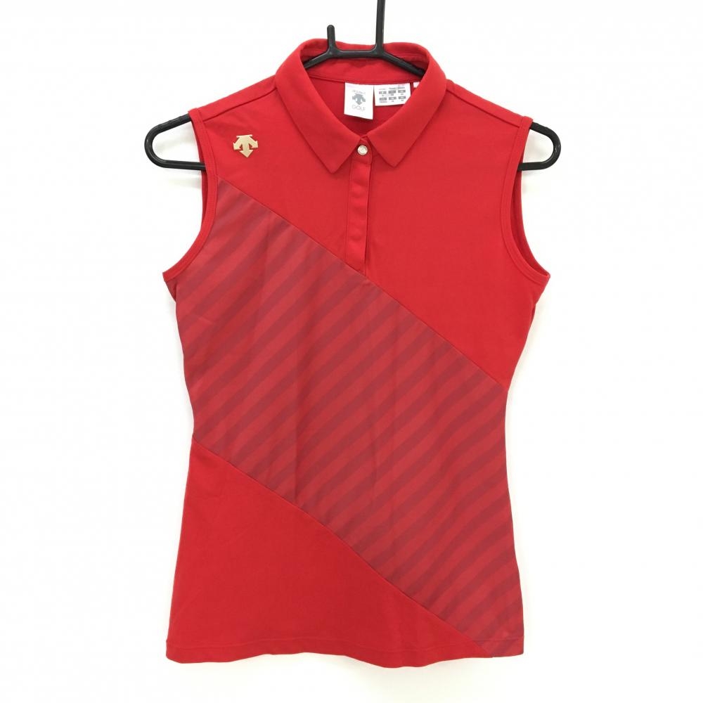【美品】デサントゴルフ ノースリーブポロシャツ レッド 一部ボーダー 中田英寿 レディース M ゴルフウェア DESCENTE