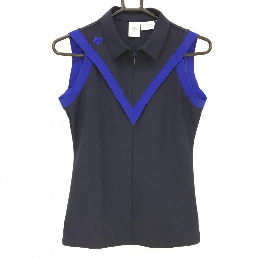 【美品】デサントゴルフ ノースリーブポロシャツ ネイビー×ブルー 肩ロゴ ハーフジップ 中田英寿 レディース M ゴルフウェア DESCENTE