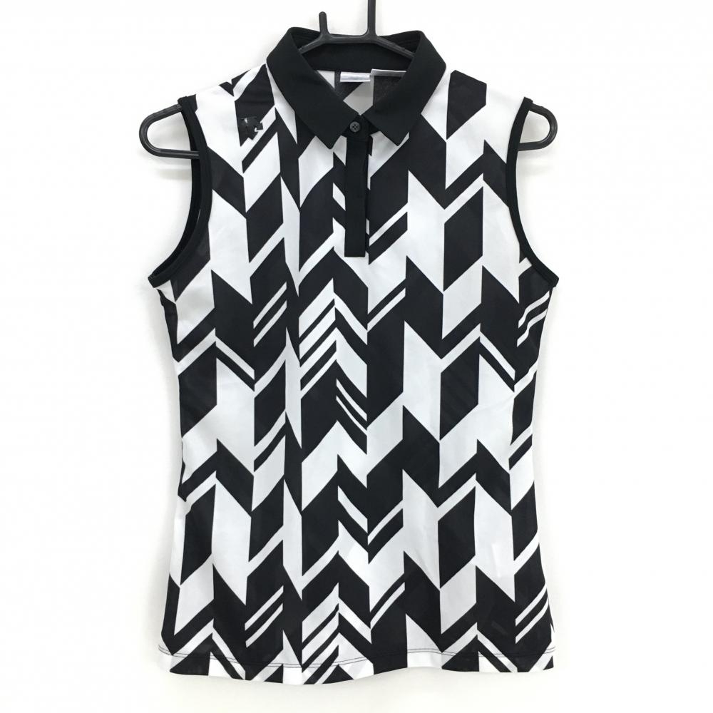 【美品】デサントゴルフ ノースリーブポロシャツ 黒×白 総柄 レディース L ゴルフウェア DESCENTE