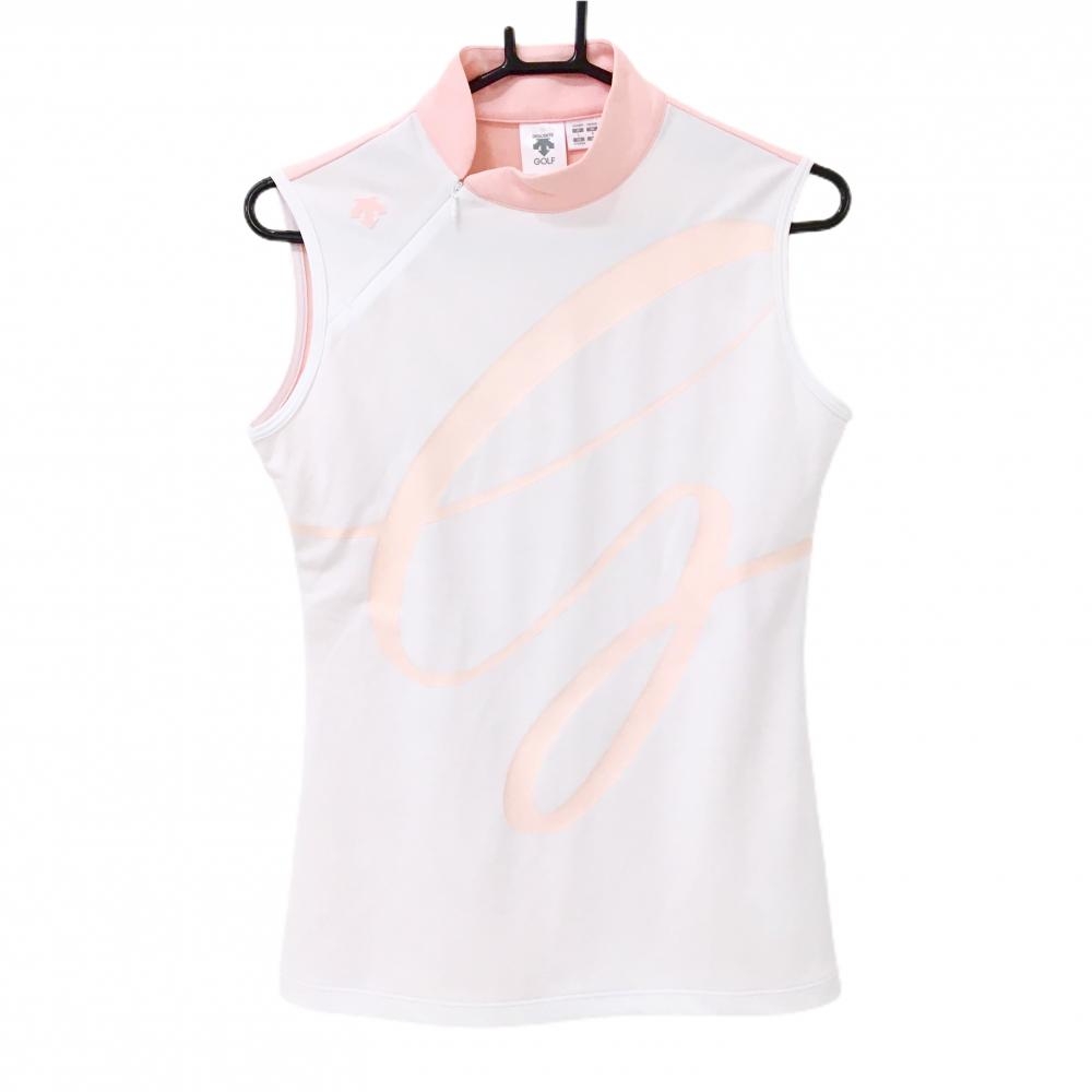 【超美品】デサントゴルフ ノースリーブハイネックシャツ 白×ピンク 肩ジップ  レディース L ゴルフウェア 2023年モデル DESCENTE