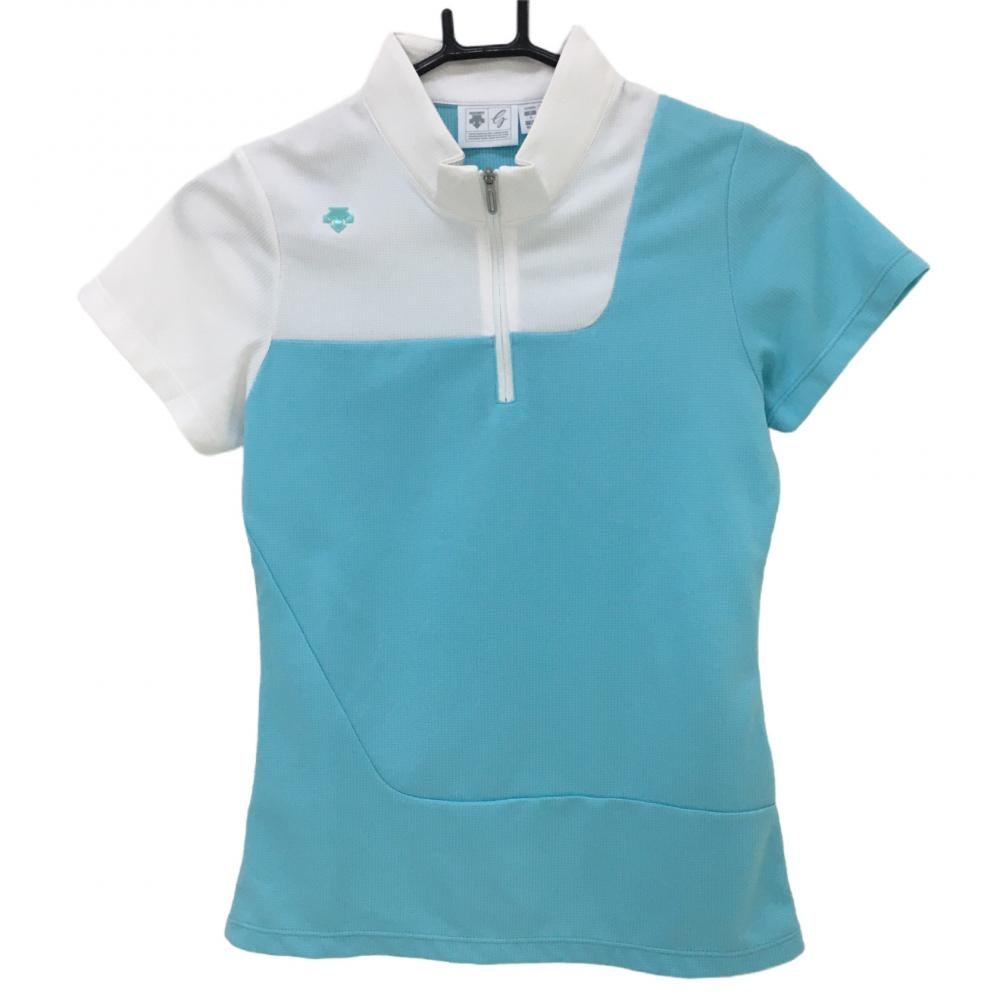 【超美品】デサント 半袖ハイネックシャツ ライトブルー×白 織生地 ハーフジップ 中田英寿  レディース Ｓ ゴルフウェア DESCENTE