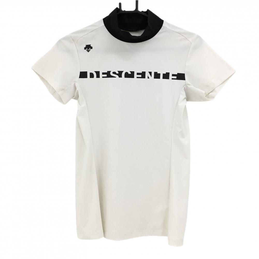 【美品】デサントゴルフ 半袖ハイネックシャツ 白×黒 ナイロン混 フロントロゴ 中田英寿 レディース L ゴルフウェア DESCENTE