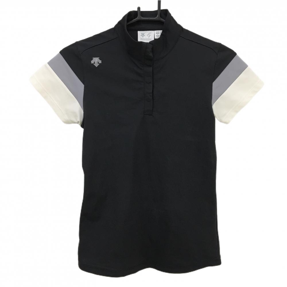 【美品】デサントゴルフ 半袖ハイネックシャツ 黒×グレー×白 バイカラー スナップボタン 中田英寿 レディース M ゴルフウェア DESCENTE