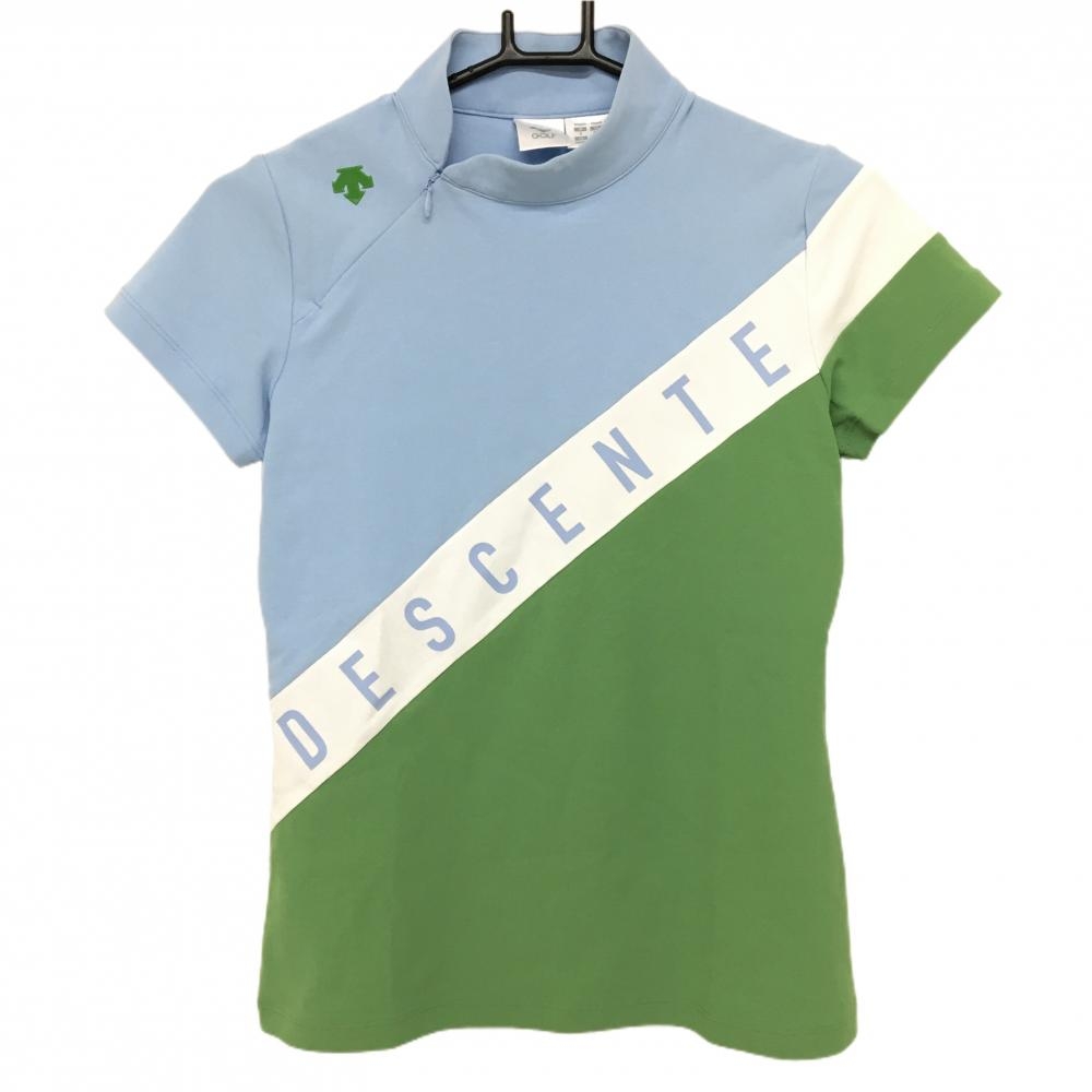 デサントゴルフ 半袖ハイネックシャツ ライトブルー×グリーン 肩ファスナー 中田英寿 レディース S ゴルフウェア DESCENTE
