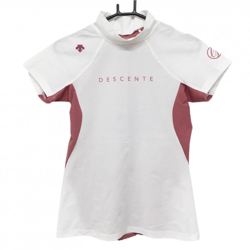 デサントゴルフ 半袖ハイネックシャツ 白×ピンク 中田英寿 ロゴプリント レディース L ゴルフウェア DESCENTE