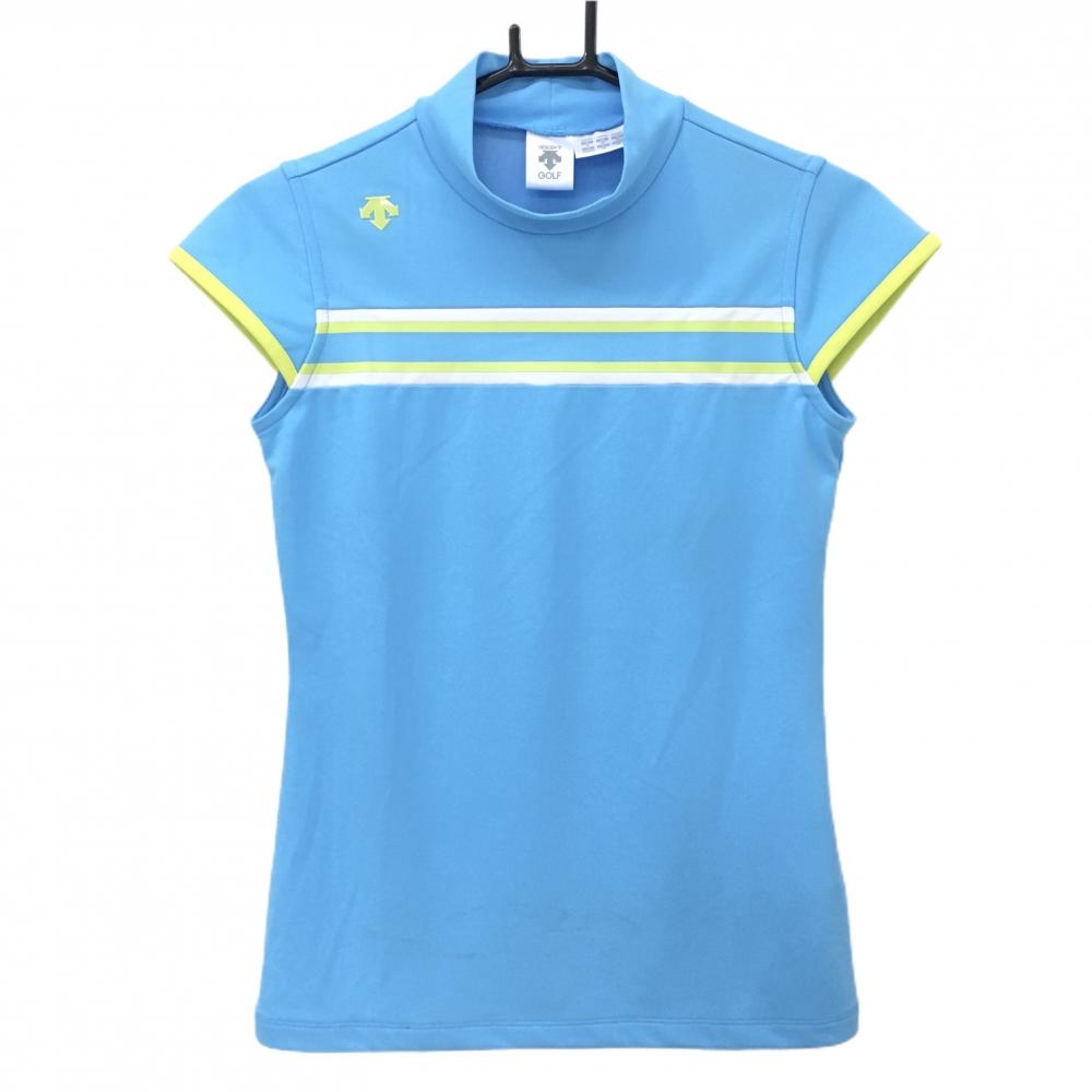 デサントゴルフ 半袖ハイネックシャツ ライトブルー×イエロー 肩ロゴ 中田英寿 レディース M ゴルフウェア DESCENTE