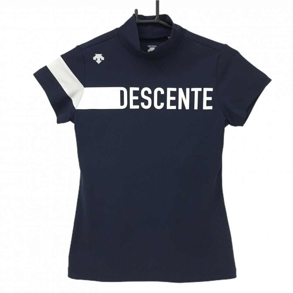 デサントゴルフ 半袖ハイネックシャツ ネイビー×白 肩ロゴ レディース S ゴルフウェア DESCENTE