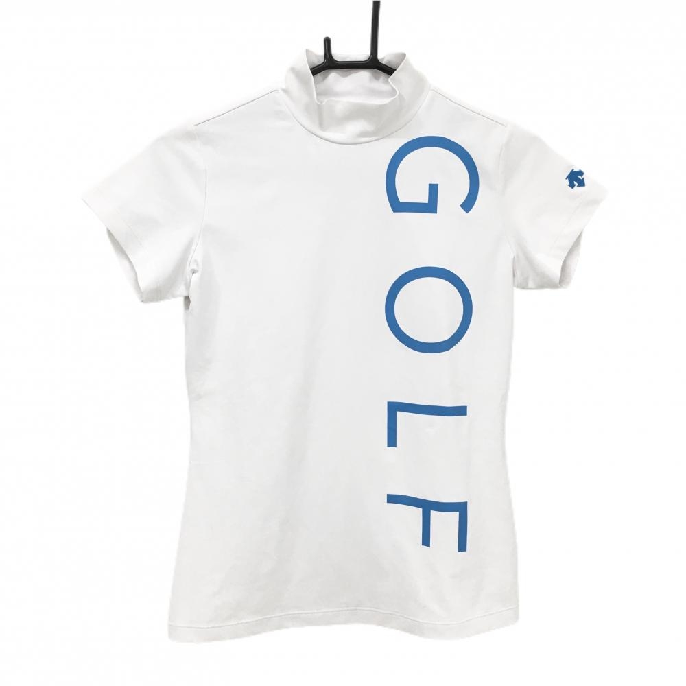 【美品】デサントゴルフ 半袖ハイネックシャツ 白×ライトブルー ビッグ英字 中田英寿  レディース S ゴルフウェア 2023年モデル DESCENTE