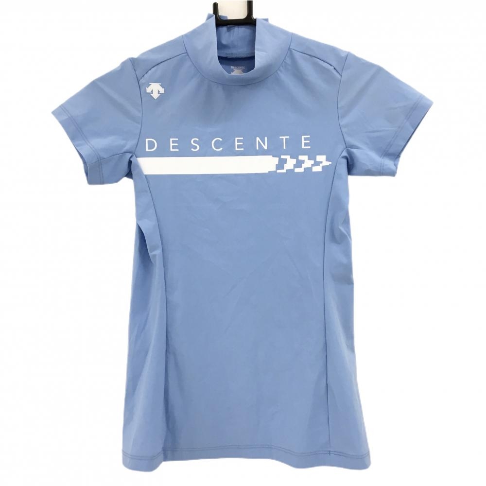 デサントゴルフ 半袖ハイネックシャツ ライトブルー×白 フロントロゴ 中田英寿  レディース S ゴルフウェア DESCENTE