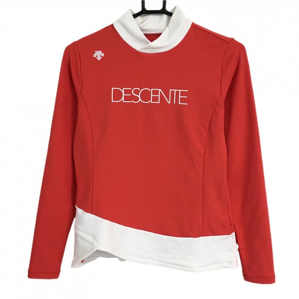 【美品】デサントゴルフ 長袖ハイネックシャツ レッド×白 フロントロゴ バイカラー レディース M ゴルフウェア 2022年モデル DESCENTE