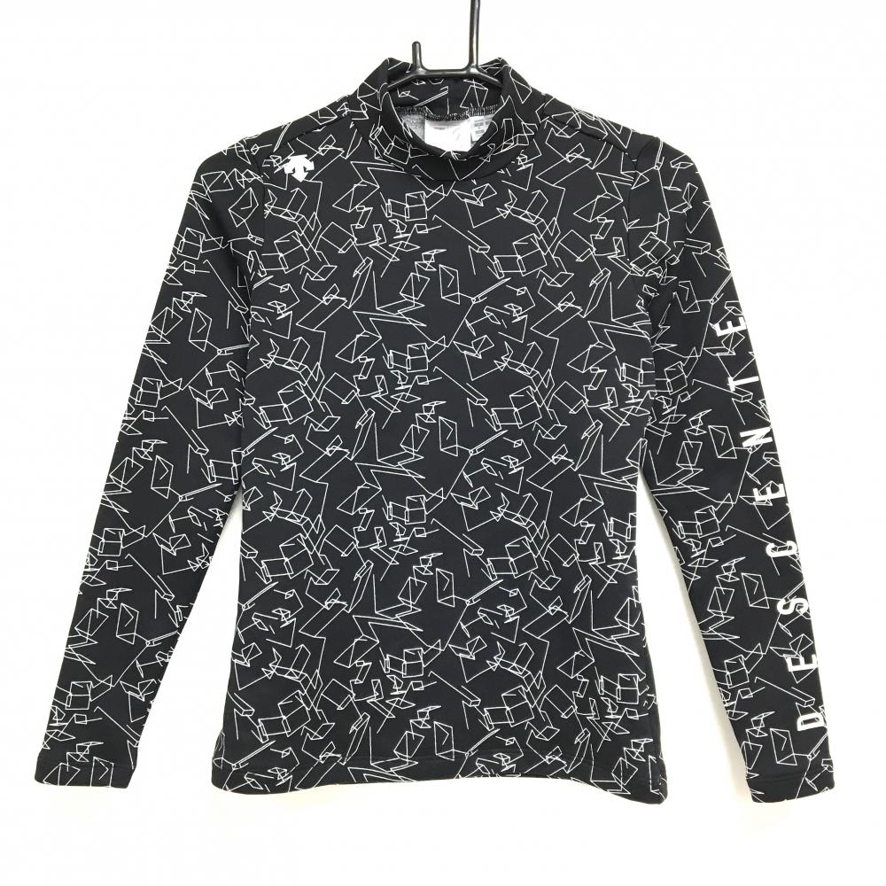 【超美品】デサントゴルフ 長袖ハイネックシャツ 黒×白 総柄 肩ロゴ 裏微起毛 中田英寿 レディース S ゴルフウェア DESCENTE
