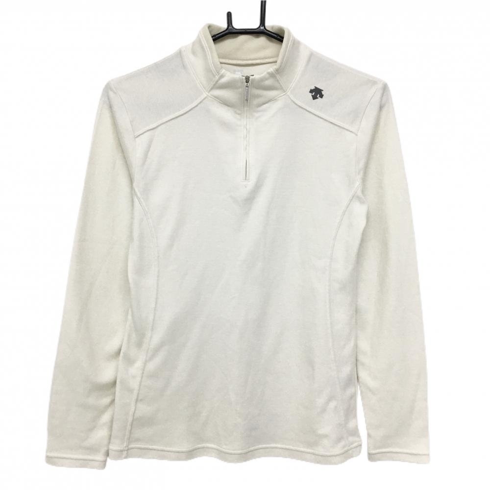 【美品】デサント 長袖ハイネックシャツ アイボリー ハーフジップ ネック内側微起毛 肩ロゴ  レディース 11 ゴルフウェア DESCENTE