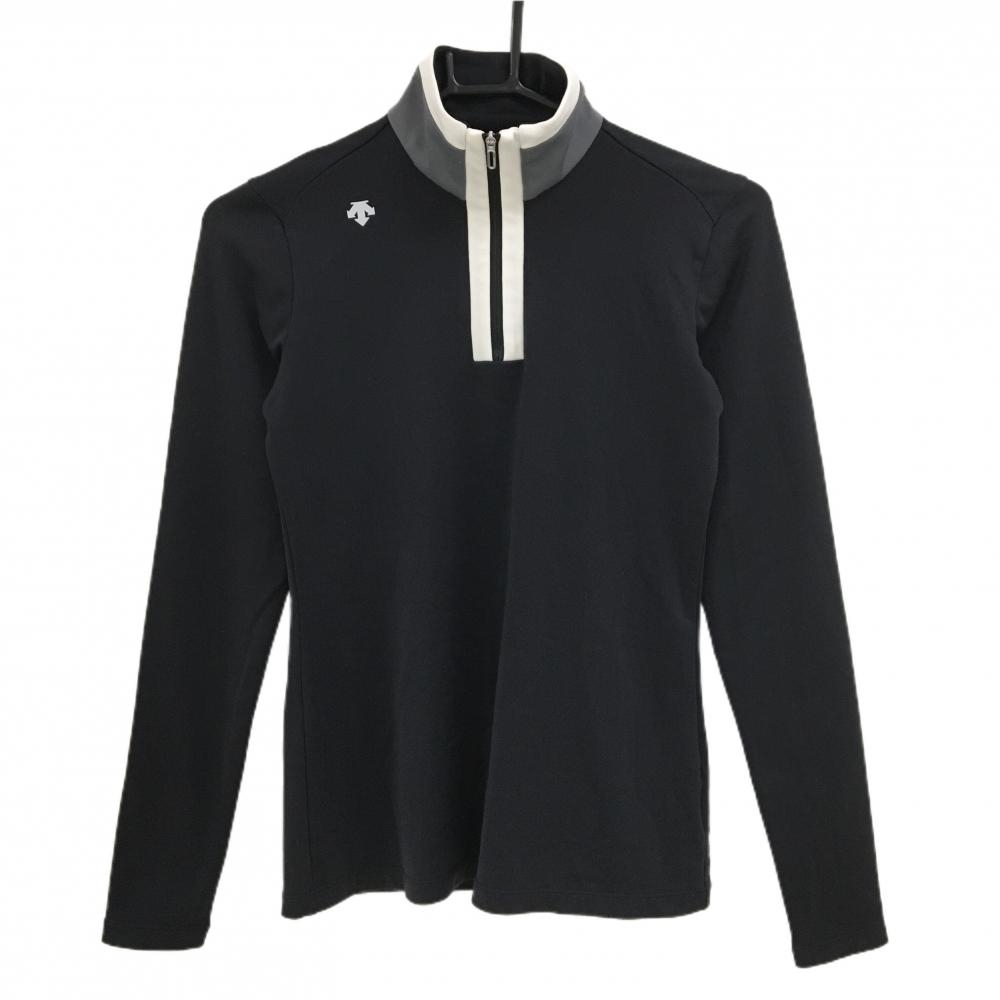 デサントゴルフ 長袖ハイネックシャツ 黒×グレー 肩ロゴ ハーフジップ 裏微起毛 中田英寿  レディース S ゴルフウェア DESCENTE