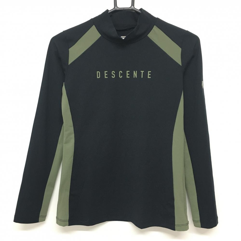 【超美品】デサントゴルフ 長袖ハイネックシャツ 黒×カーキ 袖ロゴ フロントプリント 中田英寿 レディース S ゴルフウェア DESCENTE