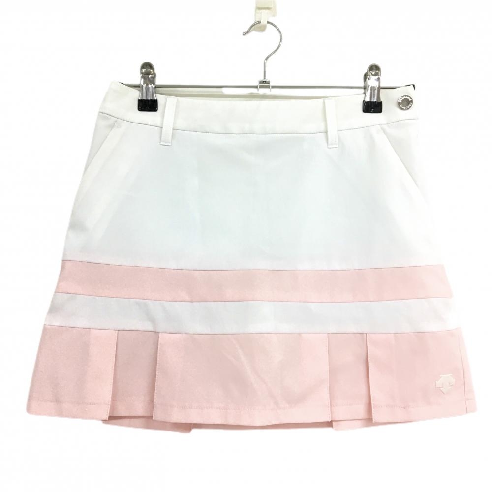 【美品】デサントゴルフ スカート 白×ピンク 裾プリーツ ストレッチ 中田英寿 内側インナーパンツ レディース 61/S ゴルフウェア DESCENTE