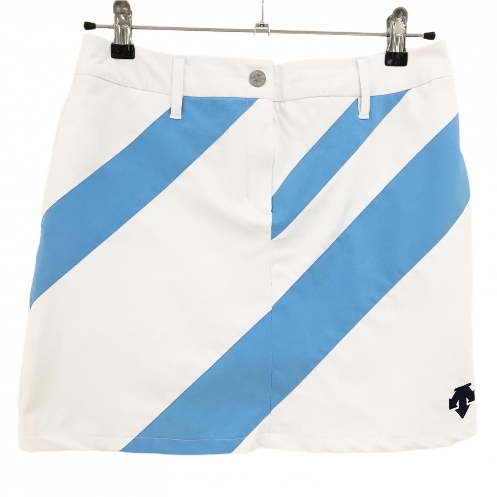 【美品】デサントゴルフ スカート 白×ライトブルー 斜めストライプ ストレッチ 中田英寿  レディース 67/L ゴルフウェア DESCENTE