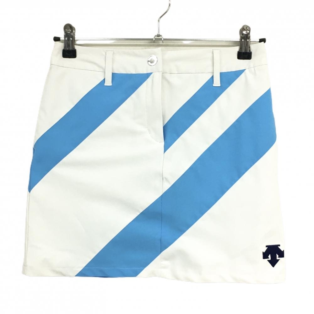 【超美品】デサントゴルフ スカート 白×ライトブルー 裾ロゴ 内側インナーパンツ レディース S ゴルフウェア DESCENTE