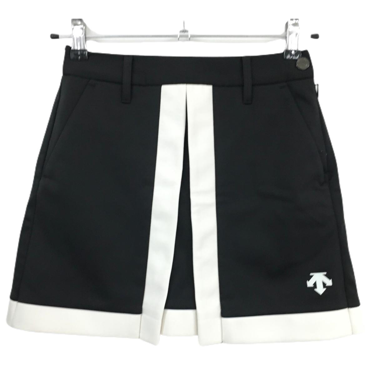 【超美品】デサントゴルフ スカート 黒×白 バイカラー 裾ロゴ 裏微起毛 中田英寿 レディース 58/SS ゴルフウェア DESCENTE