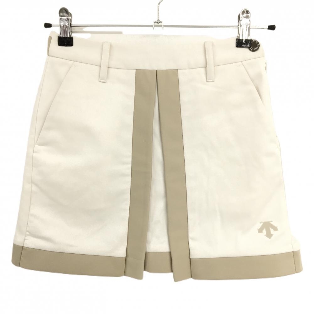 【美品】デサントゴルフ スカート 白×ベージュ バイカラー 裾ロゴ 裏微起毛 中田英寿 レディース 58/SS ゴルフウェア DESCENTE
