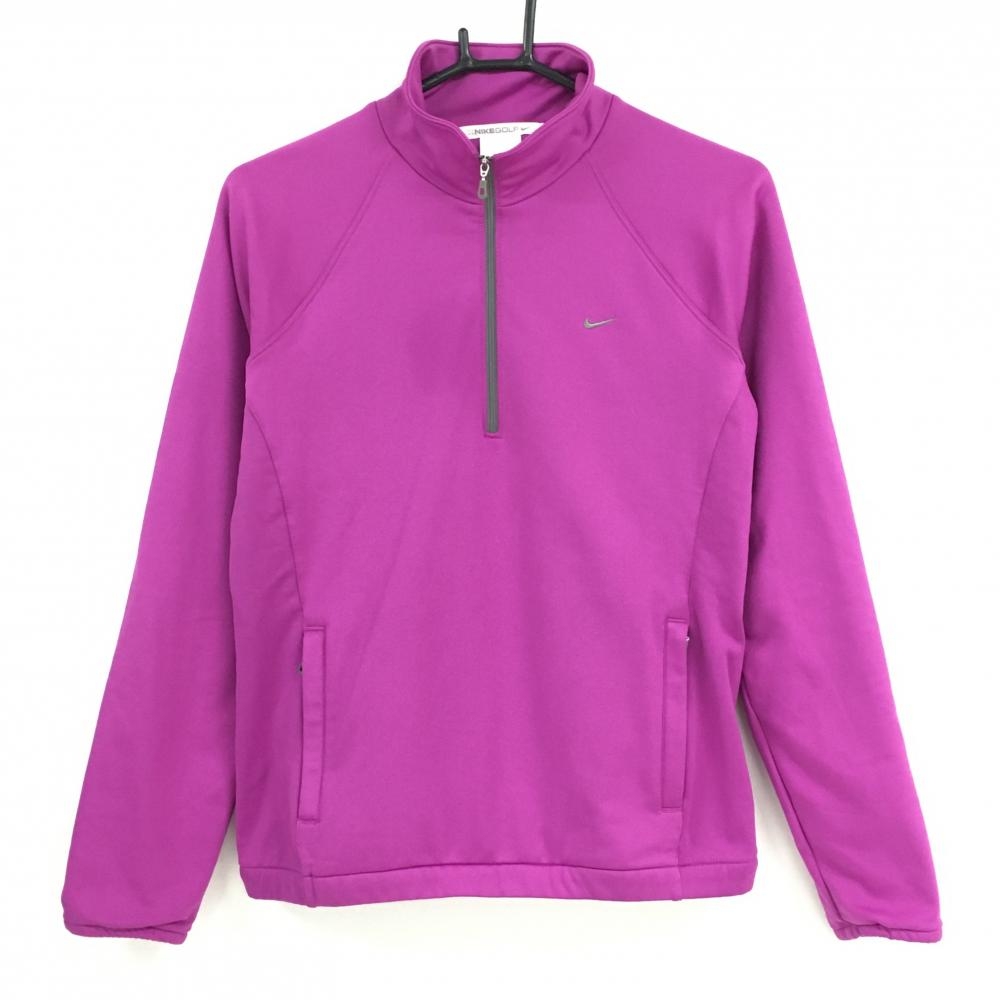 【美品】ナイキゴルフ ブルゾン ピンクパープル ハーフジップ ロゴグレー 裏地付  レディース M ゴルフウェア NIKE
