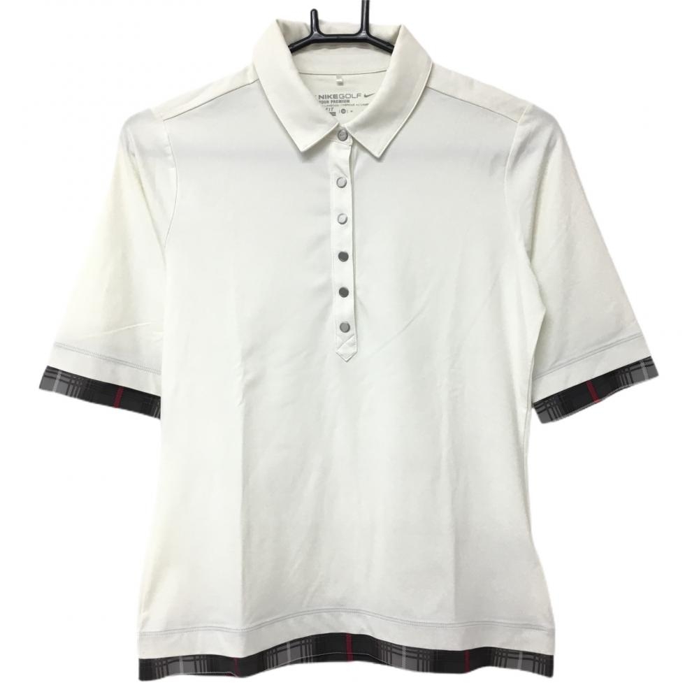 ナイキゴルフ 五分袖ポロシャツ 白×グレー 一部チェック 重ね着風 スナップボタン DRI-FIT  レディース M ゴルフウェア NIKE