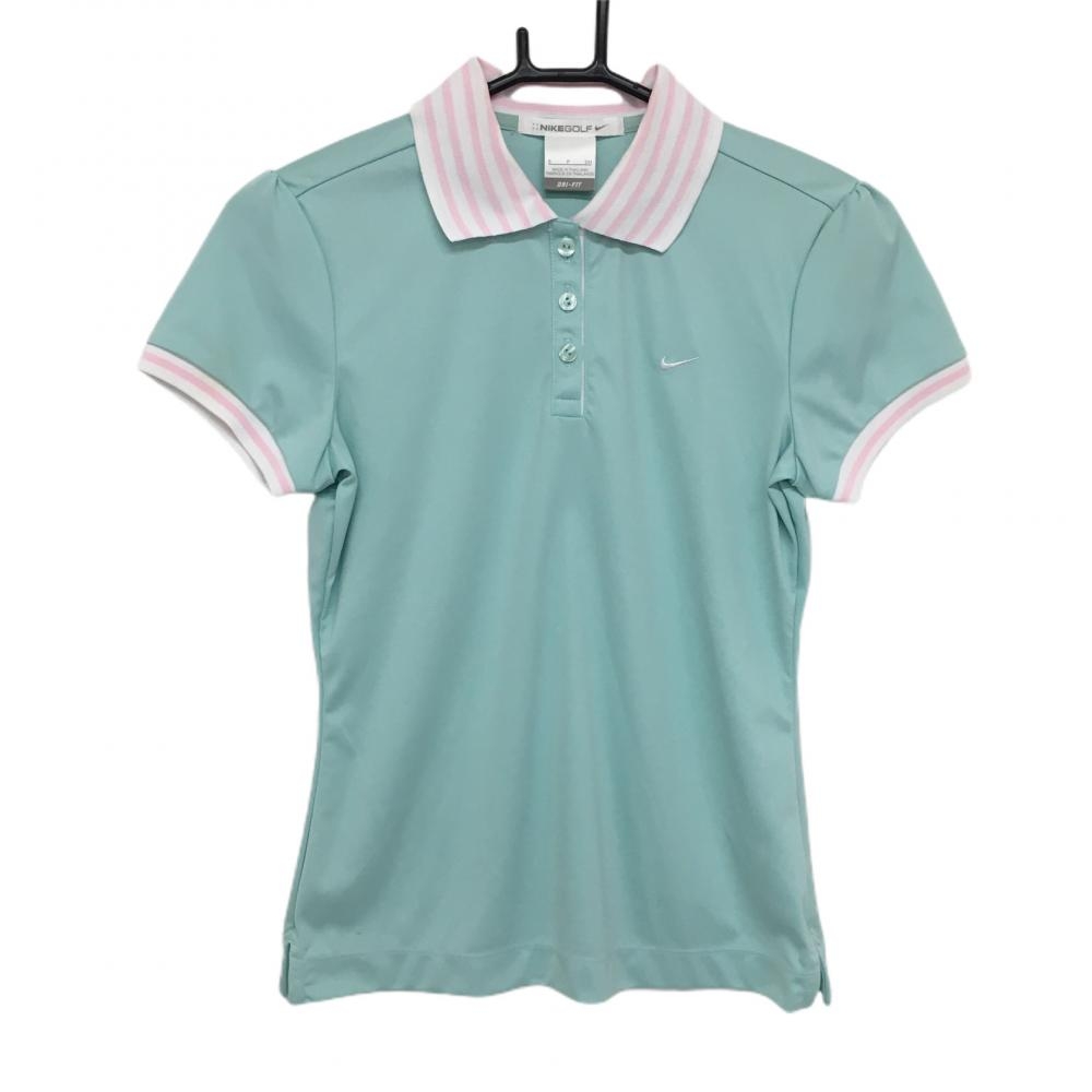 ナイキ 半袖ポロシャツ エメラルドグリーン×ピンク 襟・袖口ボーダー ロゴ刺しゅう レディース S ゴルフウェア NIKE 画像