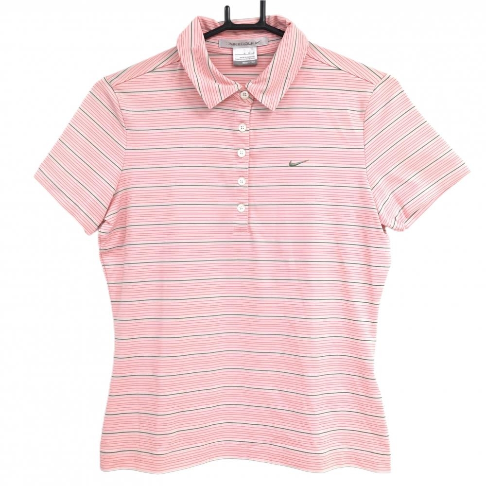 【超美品】ナイキゴルフ 半袖ポロシャツ ピンク×グリーン ボーダー FITDRY ストレッチ レディース M ゴルフウェア NIKE