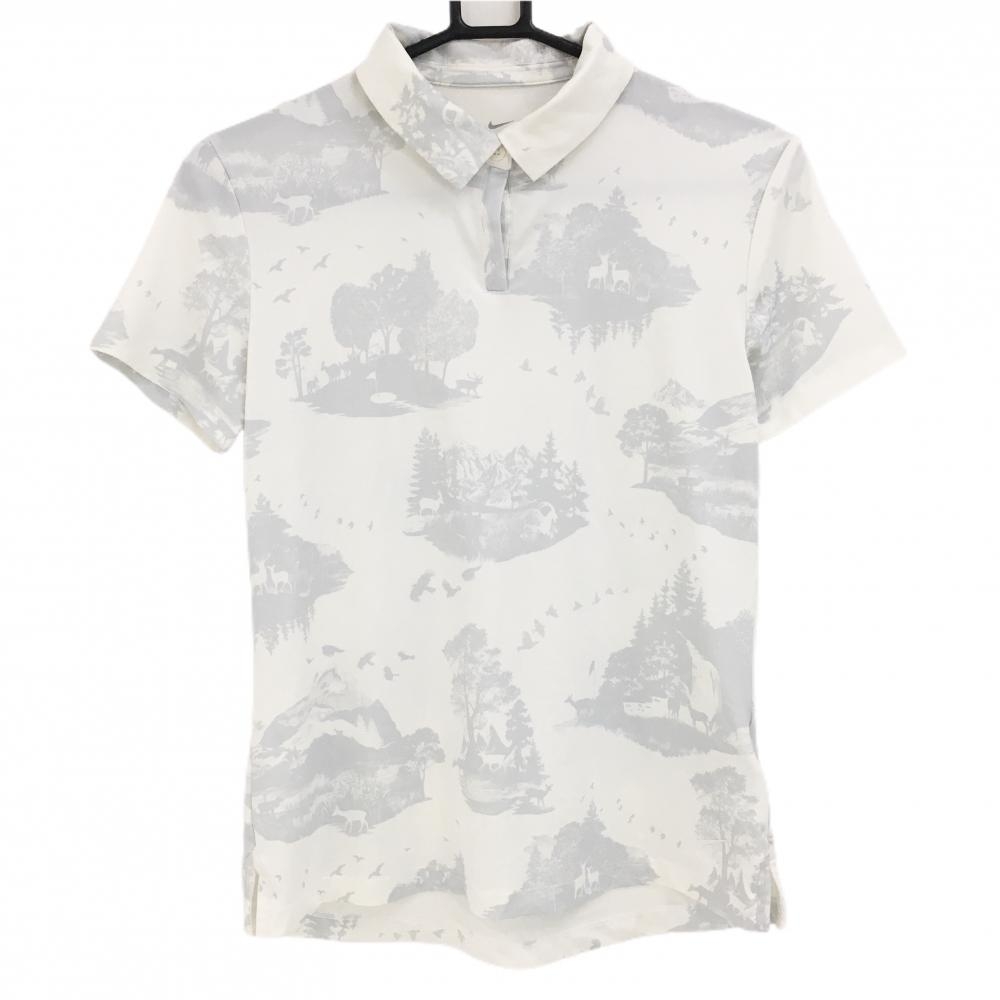 【超美品】ナイキ 半袖ポロシャツ 白×グレー 総柄 DRI-FIT レディース S ゴルフウェア NIKE