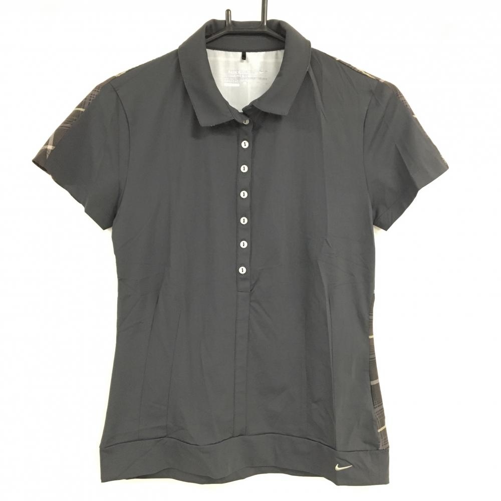 【超美品】ナイキゴルフ 半袖ポロシャツ グレー×ブラウン 背面チェック柄 ロゴ刺しゅう DRI-FIT レディース L ゴルフウェア NIKE