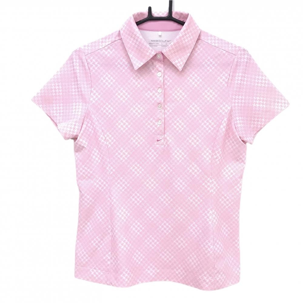 【美品】ナイキゴルフ 半袖ポロシャツ 白×ピンク 総柄 前立て下ロゴ  レディース LGG ゴルフウェア NIKE