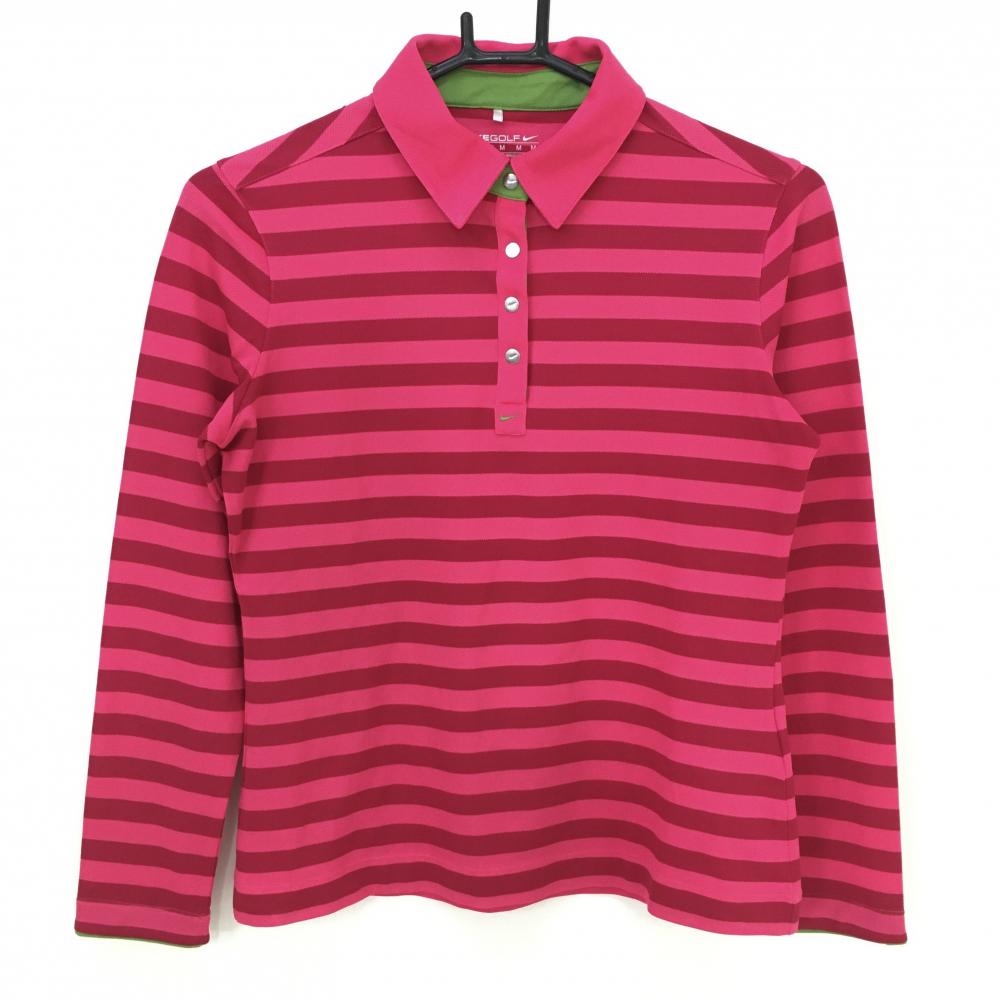 【美品】ナイキ 長袖ポロシャツ ピンク×レッド ボーダー スナップボタン  レディース M ゴルフウェア NIKE